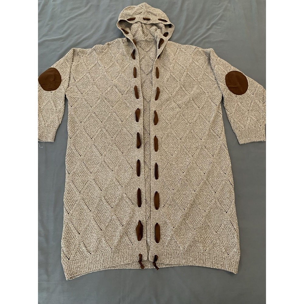 Hooded Cardigan Sweater Womens 2XL Beige Diamond Knit Open Front Elbow Patch